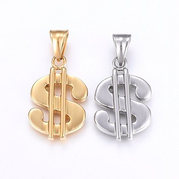 304 Stainless Steel Pendants, Dollar Sign, Mixed Color, 29x19x4mm, Hole: 9x5mm
