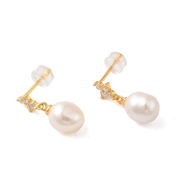 Sterling Silver Dangle Earrings, with Natural Pearl,  Jewely for Women, Oval, Real 18K Gold Plated, 19x8mm