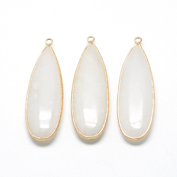 Natural White Jade Big Pendants, with Brass Findings, Dyed, teardrop, Golden, White, 55~58x18~19x7mm, Hole: 2mm