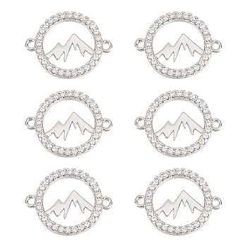 6Pcs Brass Micro Pave Clear Cubic Zirconia Connector Charms, Lead Free & Nickel Free & Cadmium Free, Hollow Flat Round Links with Mountain, Platinum, 12x15.5x2mm, Hole: 1mm