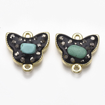 Alloy Links connectors, with Synthetic Turquoise and Rhinestone, Enamel, Butterfly, Black, Light Gold, Jet Hematite, 17.5x17.5x5~6mm, Hole: 1.5mm