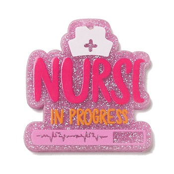 Nurse's Day Acrylic Keychain Pendants, with Glitter, Letter, 39x36x2mm, Hole: 1.5mm