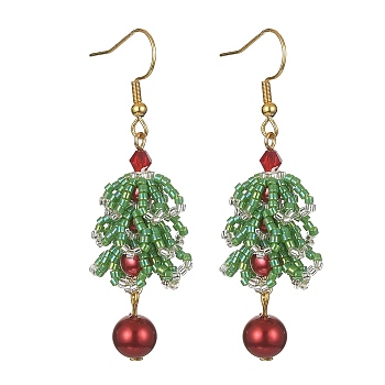 MIYUKI Delica Beaded Christmas Tree with Glass Pearl Dangle Earrings, 304 Stainless Steel Long Drop Earrings, Medium Sea Green, 58.5mm