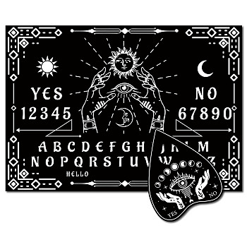 Pendulum Dowsing Divination Board Set, Wooden Spirit Board Black Talking Board Game for Spirit Hunt Birthday Party Supplies with Planchette, Sun, 300x210x5mm, 2pcs/set