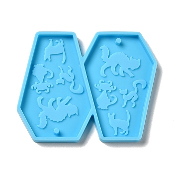 DIY Coffin with Cat Pendant Silicone Molds, Resin Casting Molds, for UV Resin & Epoxy Resin Jewelry Making, Halloween Theme, Deep Sky Blue, 48x62x4mm, Hole: 2mm, Inner Diameter: 45x29mm