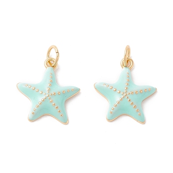 Rack Plating Brass Enamel  Pendants, Long-Lasting Plated, Real 18K Gold Plated, Cadmium Free & Nickel Free & Lead Free, Starfish, Light Cyan, 16x15x3.5mm, Jump Ring: 5x0.7mm, 3mm Inner Diameter