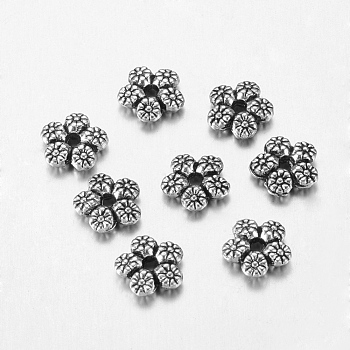 Tibetan Style Alloy Spacer Beads, Flower, Antique Silver, Lead Free & Cadmium Free & Nickel Free, 7x7x2mm, Hole: 1mm