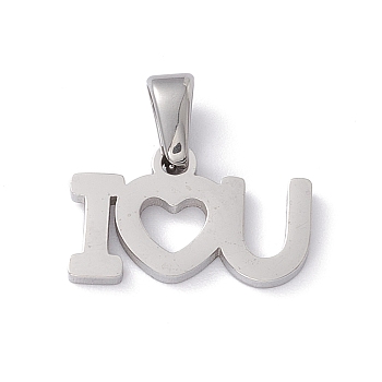 Valentine's Day 304 Stainless Steel Charms, Laser Cut, Word I LOVE YOU Charms, Stainless Steel Color, 10x16x1.5mm, Hole: 2.5x4.5mm