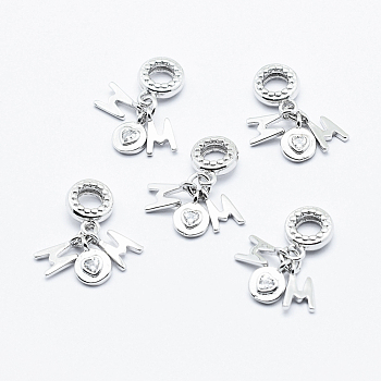 Mother's Day Theme, Brass Micro Pave Cubic Zirconia European Dangle Charms, Cadmium Free & Nickel Free & Lead Free, Word MOM, Platinum, 23mm, Pendant: 9.5x6x1.5mm and 9.5x7x2mm, Hole: 4mm