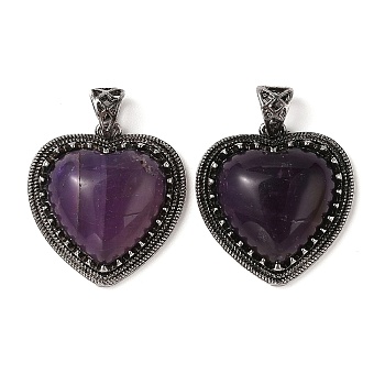 Natural Amethyst Pendants, Heart Charms, with Rack Plating Antique Silver Tone Brass Findings, Cadmium Free & Lead Free, 28.5x27x9mm, Hole: 7x5mm