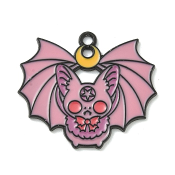 Halloween Theme Alloy Enamel Pendants, Black, Bat Charm, Pink, 26.5x30x1.5mm, Hole: 1.8mm