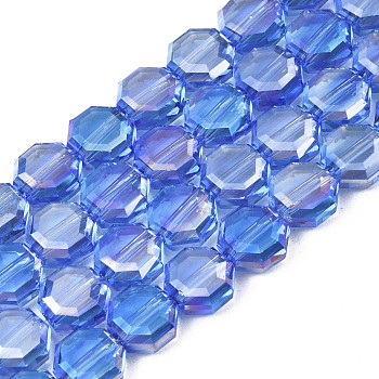 Electroplate Transparent Glass Beads Strands, AB Color Plated, Faceted, Octagon, Royal Blue, 7~8x7~8x4mm, Hole: 1.2mm, about 72pcs/strand, 20.47 inch(52cm)