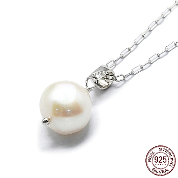 Natural Pearl Pendant Necklace with 925 Sterling Paperclip Chains, with S925 Stamp, Real Platinum Plated, 17.72 inch(45cm)