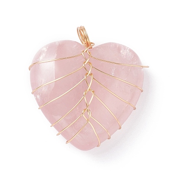 Natural Rose Quartz Pendants, with Real 18K Gold Plated Eco-Friendly Copper Wire, Heart, 34x30.5x17mm, Hole: 5.5mm