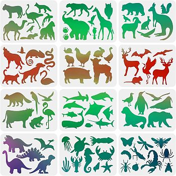 Plastic Reusable Drawing Painting Stencils Templates Sets, for Painting on Scrapbook Fabric Canvas Tiles Floor Furniture Wood, Animal Pattern, 21x29.7cm, 12pcs/set