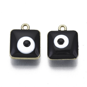 Alloy Pendants, with Enamel, Square with Evil Eye, Light Gold, Black, 14x11.5x6.5mm, Hole: 1.4mm