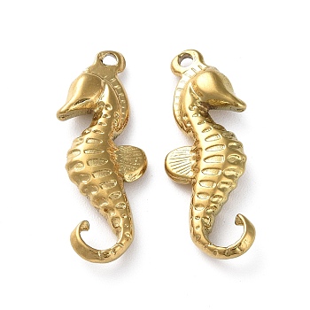 Ion Plating(IP) 304 Stainless Steel Pendants, Sea Horse Charm, Golden, 28.5x11x4mm, Hole: 1mm