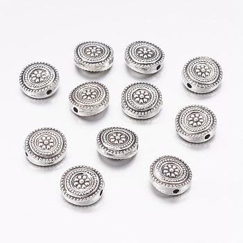 Tibetan Style Alloy Flat Round with Flower Beads, Cadmium Free & Nickel Free & Lead Free, Antique Silver, 11.5x4.5mm, Hole: 1.5mm