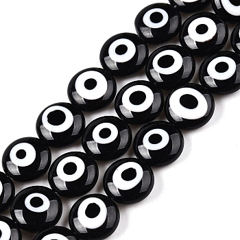 Handmade Evil Eye Lampwork Beads Strands, Flat Round, Black, 10x4.5mm, Hole: 0.9mm, about 39~41pcs/strand, 15.47~15.71 inch(39.3~39.9cm)