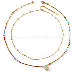 Rainbow Glass & Natural Stone & Brass Beaded Stainless Steel Chain Double Layer Necklaces with Heart Pendant for Beach Vacation Accessories, Colorful, Real 14K Gold Plated, 15.75 inch(40cm) and 17.72 inch(45cm), 2pcs/set(TH6527-1)