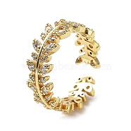 Brass Micro Pave Clear Cubic Zirconia Open Cuff Rings for Women, Leafy Branch, Golden, Inner Diameter: 17mm(RJEW-G296-02G)