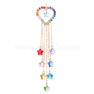 Wire Wrapped Natural Gemstone Heart Pendant Decorations, Glass Star Charms and Brass Cable Chain Hanging Ornaments, Colorful, 218mm(HJEW-JM01038)