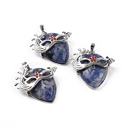 Natural Sodalite Pendants, Teardrop with Mask Charms, with Rack Plating Platinum Plated Brass Ruby Rhinestone Findings, 37~37.5x34.5~36x10~11mm, Hole: 6x4mm(G-P496-02P-01)