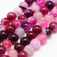 Natural Striped Agate/Banded Agate Bead Strands, Round, Grade A, Dyed & Heated, Deep Pink, 6mm, Hole: 1mm, about 62~63pcs/strand, 14.5 inch(X-G-K155-A-6mm-02)