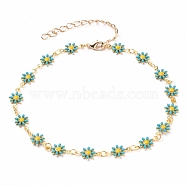 Golden Brass Flower Enamel Links Anklets, with Brass Curb Chains & Lobster Claw Clasps, Dark Turquoise, 9-1/2 inch(24.2cm)(AJEW-AN00333-02)