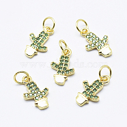 Brass Micro Pave Cubic Zirconia Charms, Cadmium Free & Nickel Free & Lead Free, Cactus, Green, Golden, 14x8x2mm, Hole: 3mm(X-ZIRC-G130-25G-02-NR)