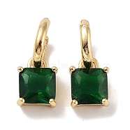 Real 18K Gold Plated Brass Rectangle Dangle Hoop Earrings, with Square Glass, Dark Green, 20.5x9mm(EJEW-L269-047G-01)