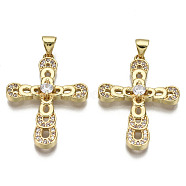 Brass Micro Pave Clear Cubic Zirconia Pendants, Nickel Free, Cross, Real 16K Gold Plated, 30.5x22.5x4mm, Hole: 4.5x3.5mm(ZIRC-S067-075-NF)