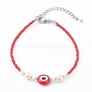 Glass Seed Beaded Bracelets, with Natural Pearl Beads and Evil Eye Lampwork Beads, Red, 7-1/8 inch(18cm)(BJEW-JB05967-03)