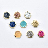 Druzy Resin Charms, with Golden Tone Brass Findings, Hexagon, Mixed Color, 14.5x14x4mm, Hole: 1mm(G-F551-A)