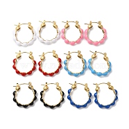 Enamel Beaded Hoop Earrings, Real 14K Gold Plated 304 Stainless Steel Jewelry for Women, Mixed Color, 26x23x5mm, Pin: 0.6mm(EJEW-Q704-03G)