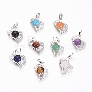 Natural & Synthetic Mixed Gemstone Pendants, with Platinum Tone Brass Findings and Crystal Rhinestone, Heart, 29x21.5x9mm, Hole: 7x3.5mm(G-L512-O)