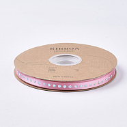 Polyester Single Face Satin Ribbon, with Single-Sided Sequins/Paillette, for Gift, Party Decorate, Pink, 3/8 inch(10mm),  50yards/roll(45.7m/roll)(SRIB-N004-01H)