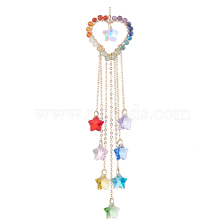Wire Wrapped Natural Gemstone Heart Pendant Decorations, Glass Star Charms and Brass Cable Chain Hanging Ornaments, Colorful, 218mm(HJEW-JM01038)