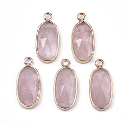Natural Rose Quartz Pendants, with Light Gold Plated Brass Edge and Loop, Oval, Faceted, 18x8x4mm, Hole: 1.6mm(G-N326-45D)