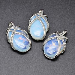 Oval Platinum Plated Brass Opalite Pendants, Cadmium Free & Lead Free, 37x22x9mm, Hole: 3x5mm(G-F228-34A-RS)