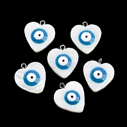 Natural Freshwater Shell Enamel Pendants, Heart Charms with Evil Eye, with Platinum Tone Alloy Loops, Steel Blue, 20.5x18x4mm, Hole: 1.8mm(BSHE-G034-19)