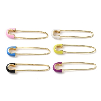 Rack Plating Real 18K Gold Plated Brass Enamel Brooch Pin Findings, Kilt Pins, Cadmium Free & Lead Free, Mixed Color, 39x9.5x4mm