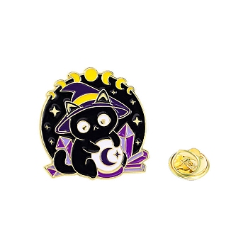 Hallow Theme Cat Enamel Pins, Alloy Enamel Brooches for Backpack Clothes, Black, 33x31mm