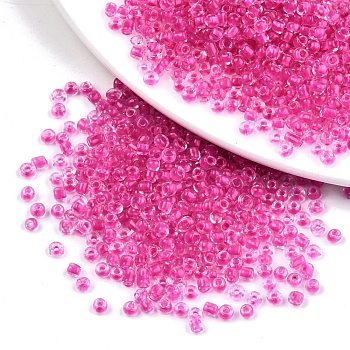 6/0 Glass Seed Beads, Transparent Inside Colours, Round Hole, Round, Deep Pink, 6/0, 4~5x2.5~4.5mm, Hole: 1.2mm, about 4500pcs/bag