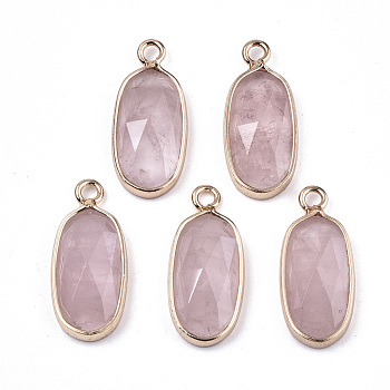 Natural Rose Quartz Pendants, with Light Gold Plated Brass Edge and Loop, Oval, Faceted, 18x8x4mm, Hole: 1.6mm
