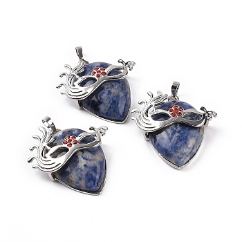Natural Sodalite Pendants, Teardrop with Mask Charms, with Rack Plating Platinum Plated Brass Ruby Rhinestone Findings, 37~37.5x34.5~36x10~11mm, Hole: 6x4mm