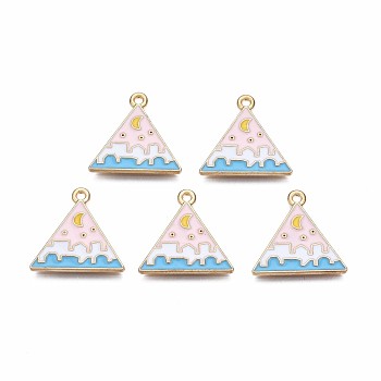 Alloy Enamel Pendants, Cadmium Free & Lead Free, Light Gold, Triangle with Moon, Pink, 19x20x1.5mm, Hole: 1.5mm