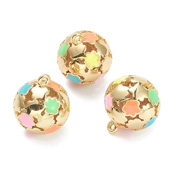 Brass Enamel Pendants, Real 18K Gold plated, Long-Lasting Plated, Round with Flower, Colorful, 15x13mm, Hole: 1mm