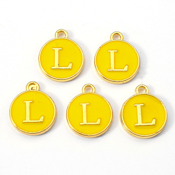 Golden Plated Alloy Enamel Charms, Enamelled Sequins, Flat Round with Letter, Gold, Letter.L, 14x12x2mm, Hole: 1.5mm