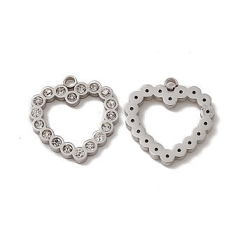 201 Stainless Steel Pendants, Crystal Rhinestone Heart Charms, Stainless Steel Color, 16x15x2mm, Hole: 1.5mm
